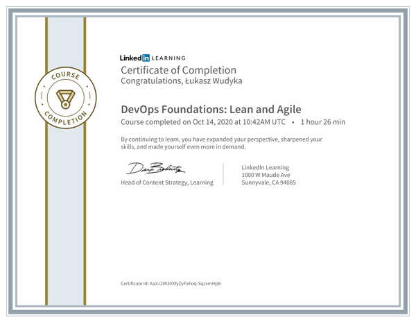 Wudyka Łukasz certyfikat LinkedIn - DevOps Foundations: Lean and Agile.