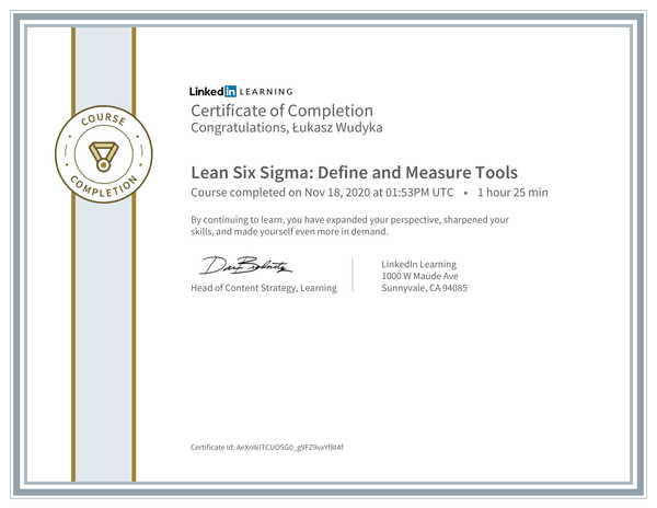 Wudyka Łukasz certyfikat LinkedIn - Lean Six Sigma: Define and Measure Tools.