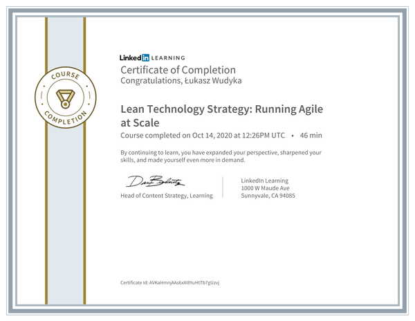 Wudyka Łukasz certyfikat LinkedIn - Lean Technology Strategy: Runnig Agile at Scale..
