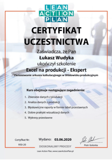 Wudyka Łukasz certyfikat Lean Action Plan - Excel na produkcji - Ekspert.
