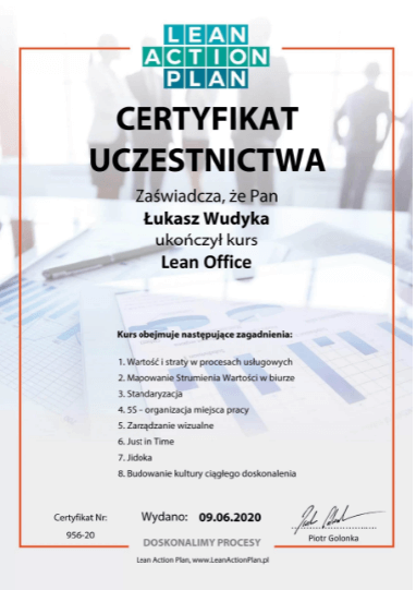 Wudyka Łukasz certyfikat Lean Action Plan - Lean Office.